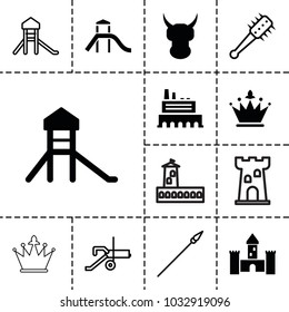 Medieval icons. set of 13 editable filled and outline medieval icons such as castle, helmet, mace, spear, cannon
