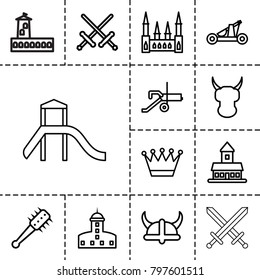 Medieval icons. set of 13 editable outline medieval icons such as castle, crown, sword, helmet, catapult, mace