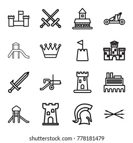 Medieval icons. set of 16 editable outline medieval icons such as castle, crown, sword, castle tower, knight, arrow bow, catapult