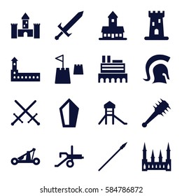 medieval icons set. Set of 16 medieval filled icons such as castle, castle tower, knight, sword, catapult, mace, spear