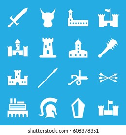 Medieval icons set. set of 16 medieval filled icons such as castle, knight, sword, arrow bow, mace, spear, cannon