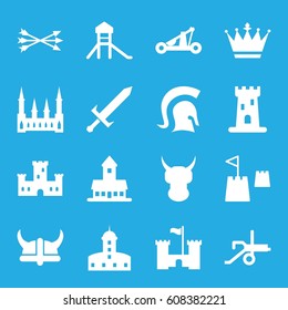 Medieval icons set. set of 16 medieval filled icons such as castle, crown, castle tower, knight, sword, arrow bow, catapult, helmet