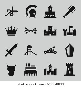 Medieval icons set. set of 16 medieval filled icons such as castle, crown, knight, sword, arrow bow, catapult, mace, cannon