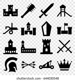 Medieval icons set. set of 16 medieval filled icons such as castle, crown, knight, sword, arrow bow, catapult, mace