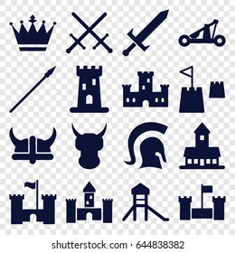 Medieval icons set. set of 16 medieval filled icons such as castle, crown, castle tower, knight, sword, catapult, helmet