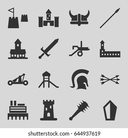 Medieval icons set. set of 16 medieval filled icons such as castle, castle tower, knight, sword, arrow bow, catapult, helmet, mace, spear