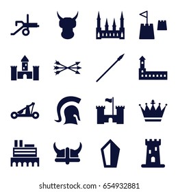 Medieval icons set. set of 16 medieval filled icons such as castle, crown, castle tower, knight, arrow bow, catapult, helmet, spear, cannon