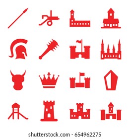 Medieval icons set. set of 16 medieval filled icons such as castle, crown, knight, mace, spear, cannon, sword