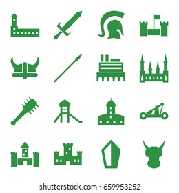 Medieval icons set. set of 16 medieval filled icons such as castle, knight, sword, catapult, helmet, mace