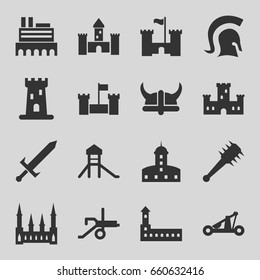 Medieval icons set. set of 16 medieval filled icons such as castle, knight, sword, catapult, helmet, mace