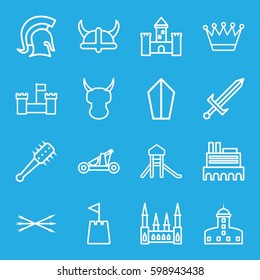 medieval icons set. Set of 16 medieval outline icons such as castle, crown, castle tower, knight, sword, arrow bow, catapult, helmet