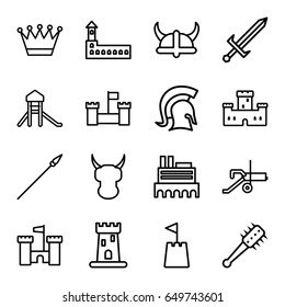 Medieval icons set. set of 16 medieval outline icons such as castle, crown, castle tower, knight, sword, helmet, mace, spear