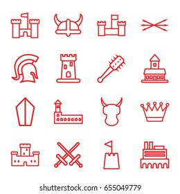 Medieval icons set. set of 16 medieval outline icons such as castle, crown, castle tower, knight, arrow bow, helmet, mace