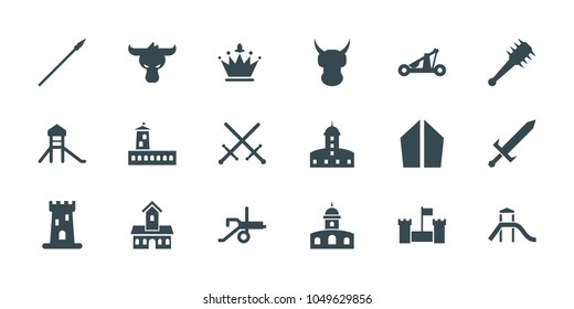Medieval icons. set of 18 editable filled medieval icons: castle, sword, helmet, catapult, mace, spear, cannon