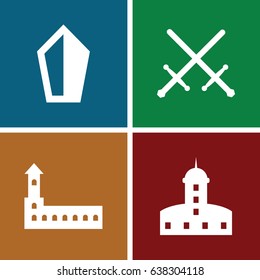Medieval icons set. set of 4 medieval filled icons such as castle