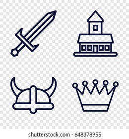 Medieval icons set. set of 4 medieval outline icons such as castle, crown, sword