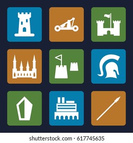 Medieval icons set. set of 9 medieval filled icons such as castle, castle tower, knight, catapult, spear
