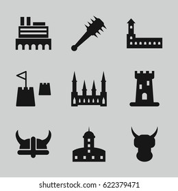 Medieval icons set. set of 9 medieval filled icons such as castle, castle tower, helmet