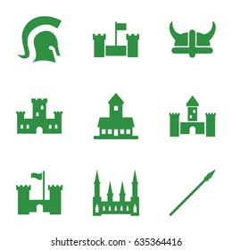 Medieval icons set. set of 9 medieval filled icons such as castle, knight, helmet