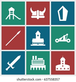 Medieval icons set. set of 9 medieval filled icons such as castle, sword, catapult, helmet