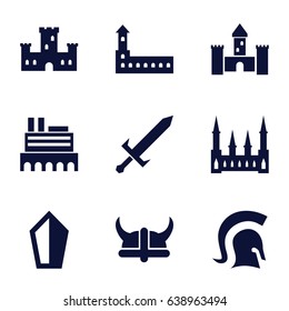 Medieval icons set. set of 9 medieval filled icons such as castle, knight, sword