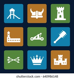 Medieval icons set. set of 9 medieval filled icons such as castle, crown, arrow bow, catapult, helmet