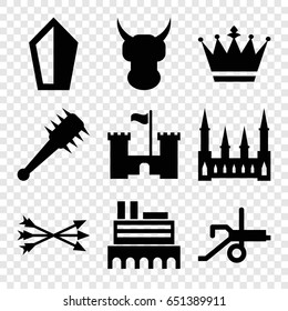 Medieval icons set. set of 9 medieval filled icons such as castle, crown, arrow bow, mace, cannon, sword