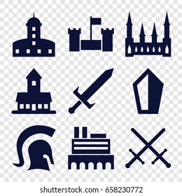 Medieval icons set. set of 9 medieval filled icons such as castle, knight