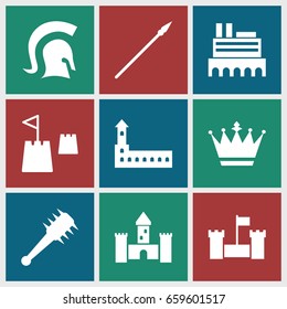 Medieval icons set. set of 9 medieval filled icons such as castle, crown, castle tower, knight, mace