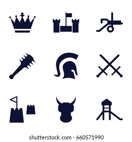 Medieval icons set. set of 9 medieval filled icons such as crown, castle tower, knight, mace, cannon, sword, castle