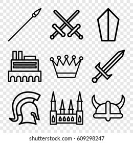 Medieval icons set. set of 9 medieval outline icons such as castle, crown, knight, sword, helmet