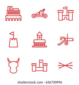 Medieval icons set. set of 9 medieval outline icons such as castle, castle tower, arrow bow, catapult, cannon