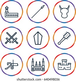Medieval icons set. set of 9 medieval outline icons such as castle, mace, spear, cannon, sword