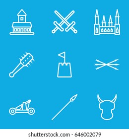 Medieval icons set. set of 9 medieval outline icons such as castle, castle tower, arrow bow, catapult, mace, spear, helmet