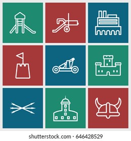 Medieval icons set. set of 9 medieval outline icons such as castle, castle tower, arrow bow, catapult, helmet