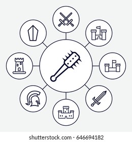 Medieval icons set. set of 9 medieval outline icons such as castle, knight, sword