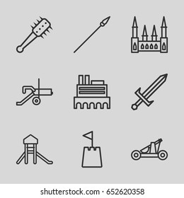 Medieval icons set. set of 9 medieval outline icons such as castle, castle tower, sword, catapult, mace, spear