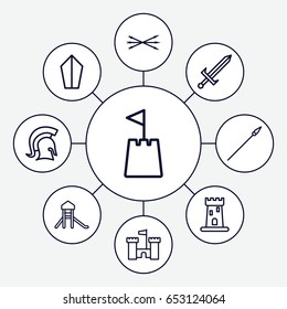 Medieval icons set. set of 9 medieval outline icons such as castle, castle tower, knight, sword, arrow bow