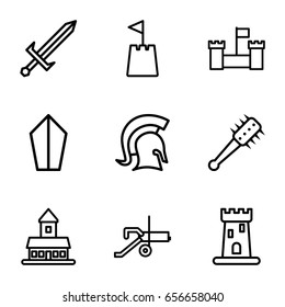 Medieval icons set. set of 9 medieval outline icons such as castle, castle tower, knight, sword, mace