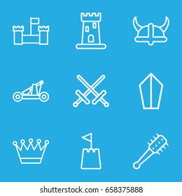 Medieval icons set. set of 9 medieval outline icons such as castle, crown, castle tower, catapult, helmet, mace
