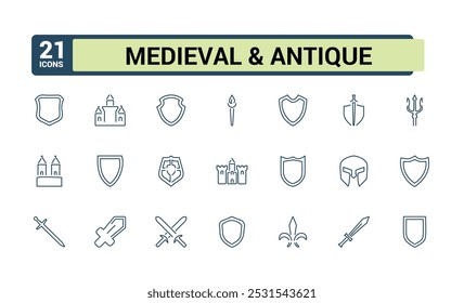 Ícones medievais definidos. Coleções de ícones históricos. Estilo de arte de linha simples do antigo pacote de ícones. Ilustração de vetor de escudo.