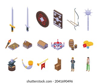 Medieval icons set isometric vector. History sword. Ancient people