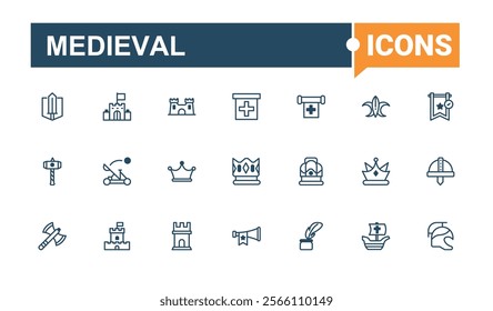 Medieval icons set in linear style. Related to historical, castle, silhouette, tower, rpg, warrior and more. Minimal linear icons. Vector illustration in modern line style.