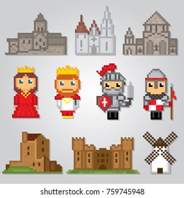 Medieval  icons set. Pixel art. Old school computer graphic style. Games elements.