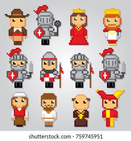 Medieval  icons set. Pixel art. Old school computer graphic style. Games elements.