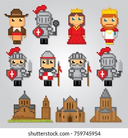 Medieval  icons set. Pixel art. Old school computer graphic style. Games elements.