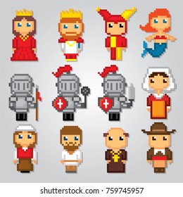 Medieval  icons set. Pixel art. Old school computer graphic style. Games elements.