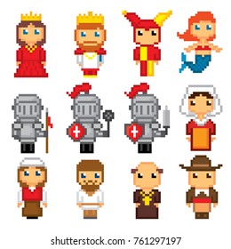 Medieval icons set. Pixel art. Old school computer graphic style. Games elements.