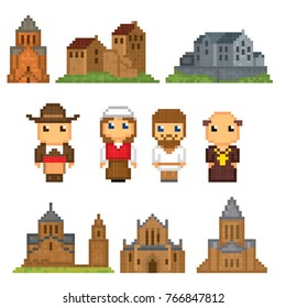 Medieval icons set. Pixel art. Old school computer graphic style. Games elements.