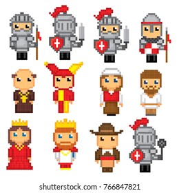 Medieval icons set. Pixel art. Old school computer graphic style. Games elements.